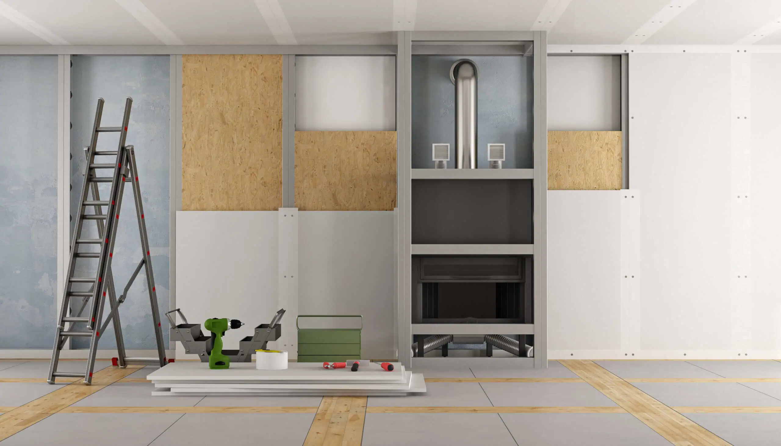Interior drywall installation with framing and tools in progress.